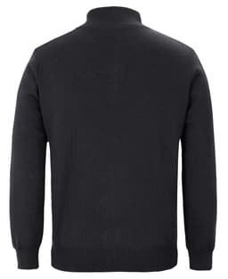 A black knitted men's jumper featuring a half zip and a high neckline, with a smooth, simple design.