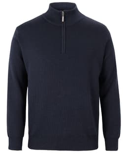 A dark navy knitted jumper featuring a half zip and long sleeves, designed for a corporate look.