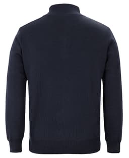 A navy knitted jumper featuring a half-zip collar and a ribbed hem, showcasing a plain design and a logo.