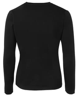 A black ladies' knitted cardigan featuring long sleeves and a round neck, with a logo on the back.