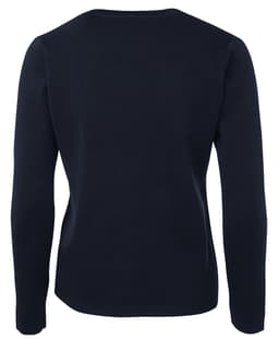 A back view of a navy knitted cardigan, featuring long sleeves and a fitted design. The garment has a logo.