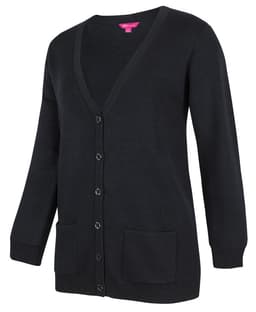 A black cardigan with a V-neck, button-down front, and two front pockets. It features a logo.