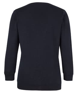 A navy blue cardigan with long sleeves and a simple design, featuring a logo. Back view shown.