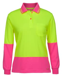 A long-sleeve polo shirt in lime green and hot pink, featuring a pocket and a logo.