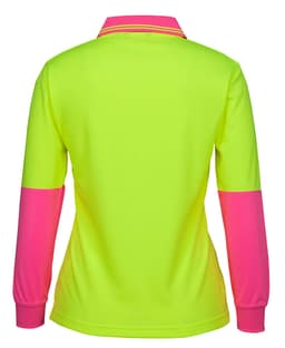 A lime green and pink long-sleeved polo shirt with a collar and contrasting sleeves, featuring a logo.
