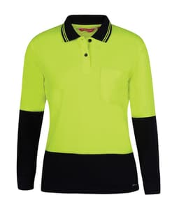 A long-sleeve polo shirt in lime with navy accents, featuring a pocket and a logo.