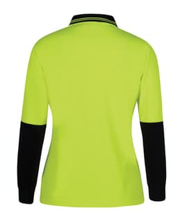 A lime green long-sleeve polo shirt with black sleeves and a collar featuring branding.
