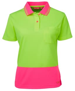 A ladies' short-sleeve polo shirt in vibrant neon green with a pink lower panel and a chest pocket. It features a logo.