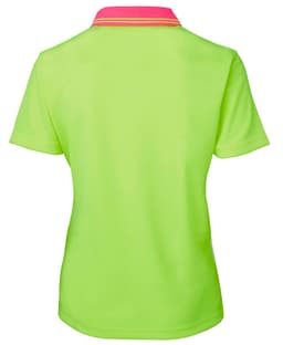 A vibrant lime green ladies polo shirt featuring a contrasting pink collar and a logo on the back.
