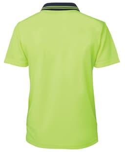 A short-sleeved polo shirt in bright yellow with a dark collar and a branding logo on the back.