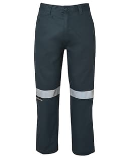 Work trousers in dark green with reflective tape stripes, featuring a front pocket and a logo.