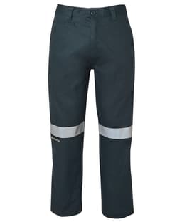 A pair of dark green work trousers featuring reflective tape on the legs and a logo on the fabric.