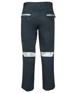 Work trousers in dark green with reflective tape on the legs. Features pockets and a logo on the waistband.