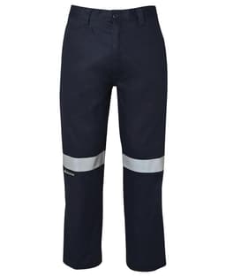 Navy work trousers featuring reflective tape on the lower legs and a logo. Suitable for workwear.