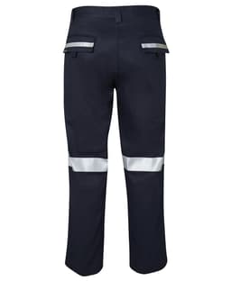 Navy work trousers featuring reflective tape on the legs and pockets, with a logo on the back.