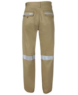 Work trousers in khaki with reflective tape on the legs. Features pockets and a logo on the back.