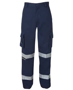 A pair of navy work pants with multiple pockets and reflective tape details. Features a logo on the product.