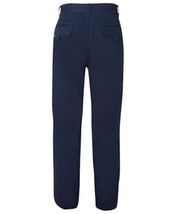 Navy work trousers featuring rear pockets and a subtle logo, designed for durability and comfort.