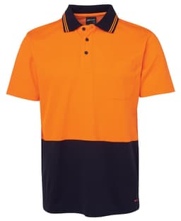 An orange and navy short-sleeve polo shirt with a pocket and a branded logo.