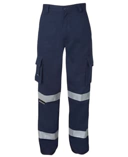 Navy work pants with reflective tape and multiple pockets, featuring a logo on the design.