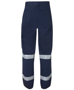 Navy work pants featuring reflective tape, designed for safety and comfort, with various pockets and a logo.