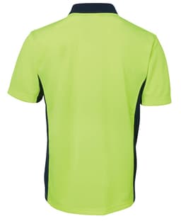 A high-visibility lime green and navy short-sleeved polo shirt with a logo. Back view displayed.