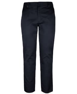 A pair of navy stretch twill pants designed for workwear, featuring a button closure and pockets.
