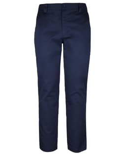 Navy stretch twill work pants with a straight fit and a waistband featuring a button closure. Includes a logo.