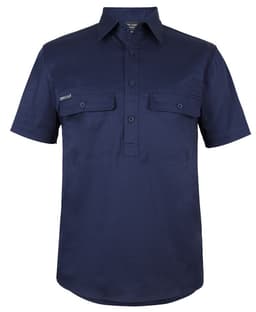 A navy short-sleeve work shirt featuring a close front design and two chest pockets. It has a logo on one pocket.