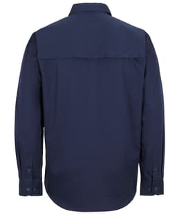 A navy long-sleeve work shirt with a close front design and a back yoke, featuring buttons on the cuffs.