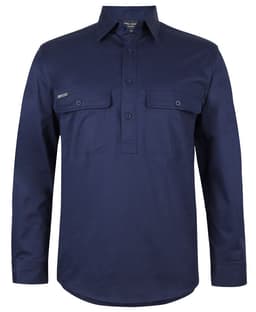 A navy long-sleeve work shirt with a close front, featuring two chest pockets and a logo on the side.