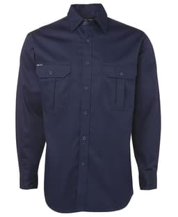 A navy work shirt with a collar, two chest pockets, and a logo on the sleeve.