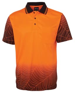 An orange and black polo shirt featuring a spiderweb design, with a collar and a pocket, and displaying a logo.