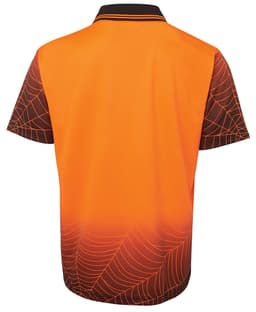 A high visibility short-sleeve polo shirt in orange with a black spider web design. Features a collar and branding.