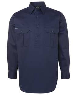 A long-sleeve navy work shirt featuring two front pockets and a collar, with a logo on the chest.