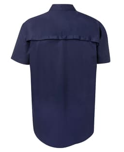 A navy short-sleeved work shirt with a back yoke detail and a logo on the side.