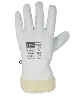 A white freezer glove with a fluffy, cream-coloured cuff and a logo.