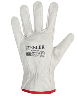 A grey glove with a red cuff and included branding, designed for heavy-duty use.