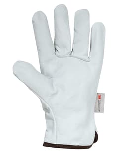 A pair of white leather gloves with a brown cuff, featuring a logo on the wrist area.