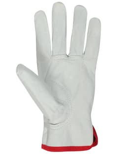 A pair of black and natural gloves with a vented design and red trim, featuring a textured palm.