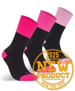 A pack of three pairs of work socks in black with pink accents. Features a logo on one sock.
