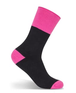 A black work sock with a pink upper and toe section, featuring a branding logo. Suitable for women's workwear.