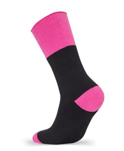 A black work sock with pink accents at the top and heel. 