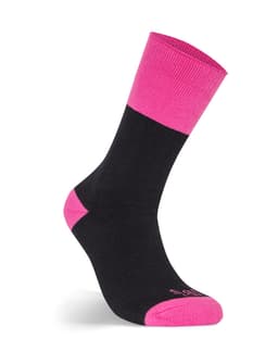 A black work sock with a pink cuff and pink detailing, featuring branding on the side.