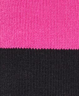 A close-up of knitted fabric featuring bold pink and black stripes, ideal for socks.