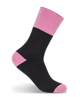 A black work sock with a pink cuff, featuring a logo on the side. Suitable for workwear convenience.