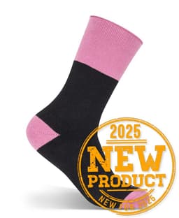 A black work sock with a pink cuff, featuring a logo, displayed upright.