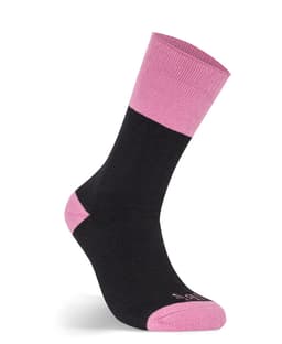 A black work sock with a pink cuff, part of the JB's Ladies Work Sock 3 Pack. Features a logo.