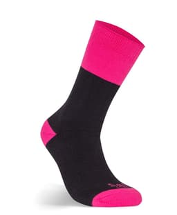 A black work sock with a pink cuff, featuring a branding logo.