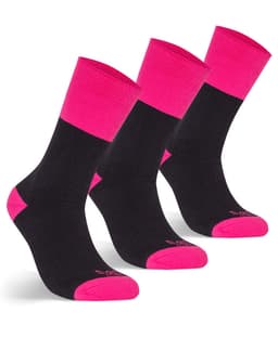 A pack of three black work socks featuring bright pink tops. Each sock has a logo on the side.